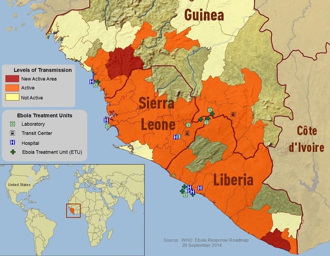 Distribution map of reported cases of Ebola